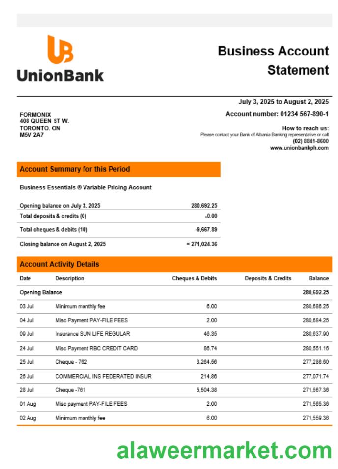 Unionbank company statement Word and PDF format